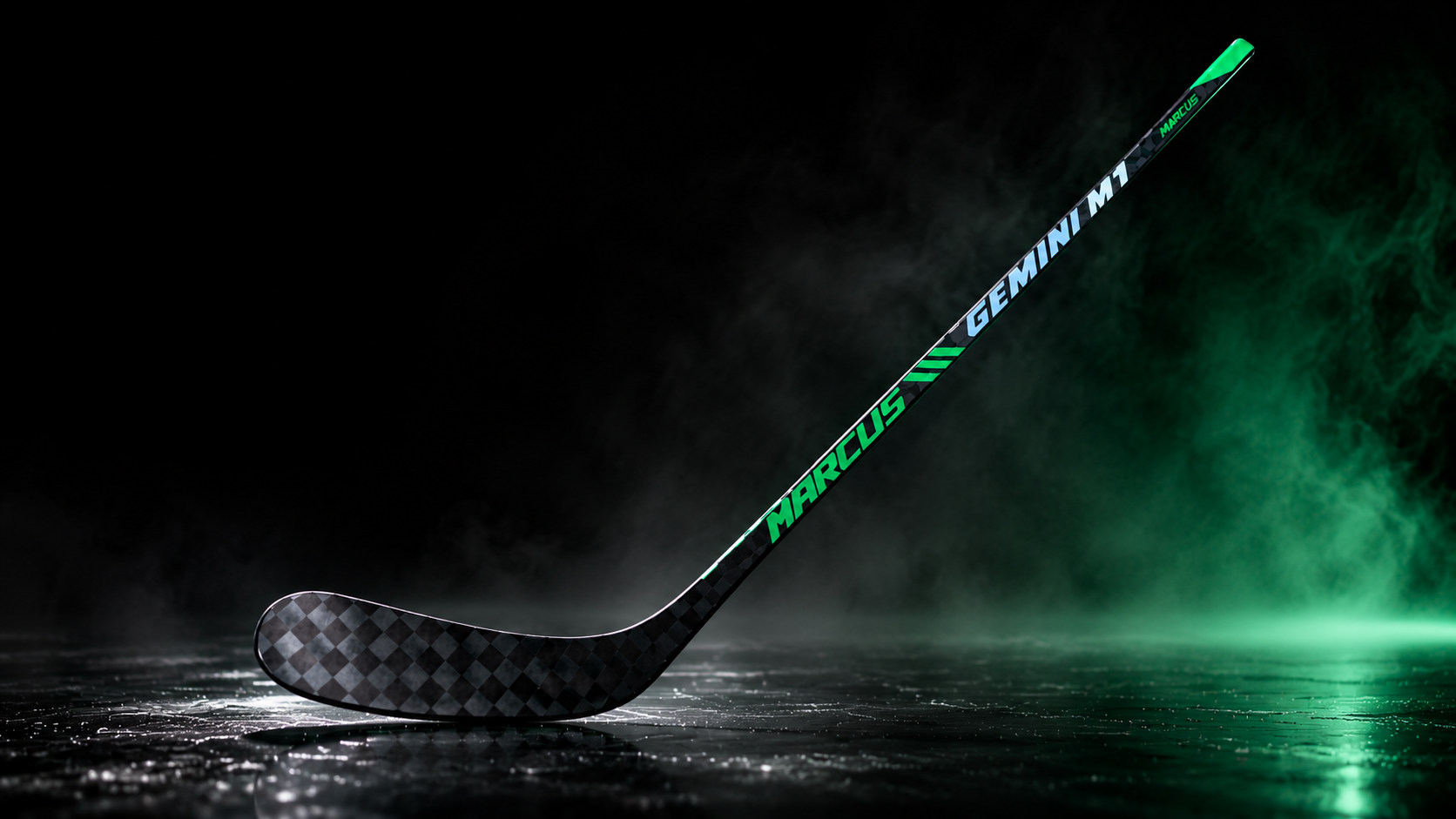 A hockey stick with a black carbon-fiber patterned blade and a black shaft featuring green and white 'MARCOS GEMINI M1' branding, resting on a dark, reflective surface with dramatic green mist and lighting.